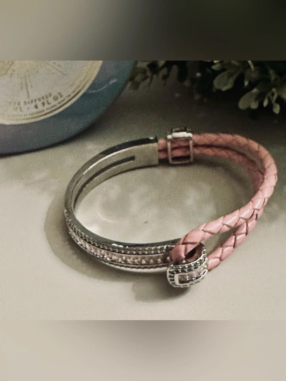 Braided Pink Leather Bracelet with Silver Bar Accent